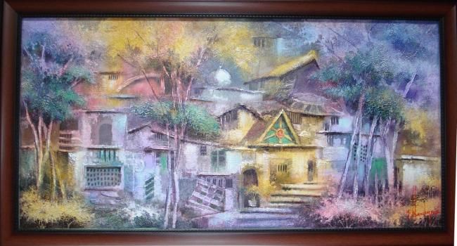 Painting titled "Village bunglow" by Mano, Original Artwork, Oil