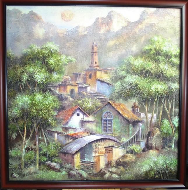 Painting titled "Hillside houses" by Mano, Original Artwork, Oil