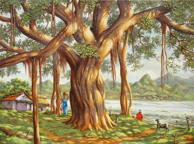 Painting titled "Banyan tree" by Mano, Original Artwork, Oil