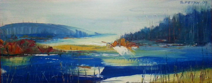 Peinture intitulée "Λίμνη Petrov (Οριζό…" par George Manousarides, Œuvre d'art originale, Huile