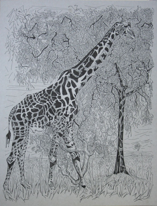 Drawing titled "girafe" by Grégory M. Compagnon, Original Artwork, Ink