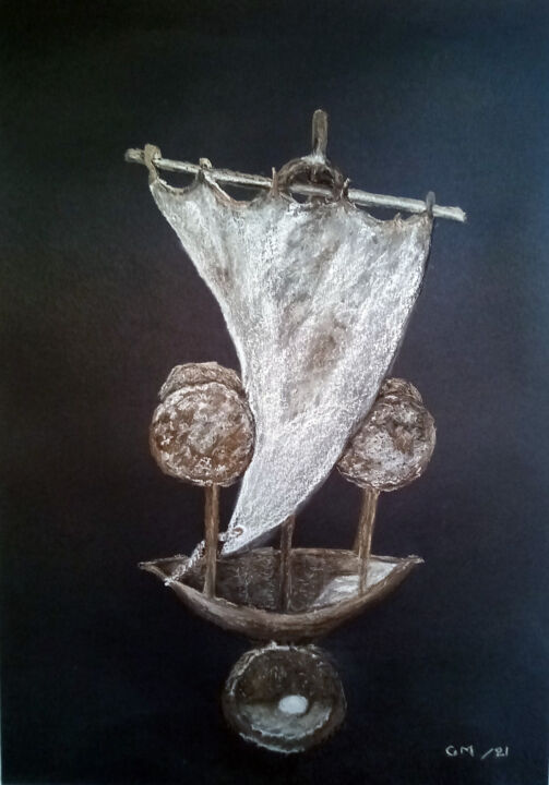 Ζωγραφική με τίτλο "αρχαίο πλοιάριο" από Georgia Melanitou (G.M.), Αυθεντικά έργα τέχνης, Παστέλ