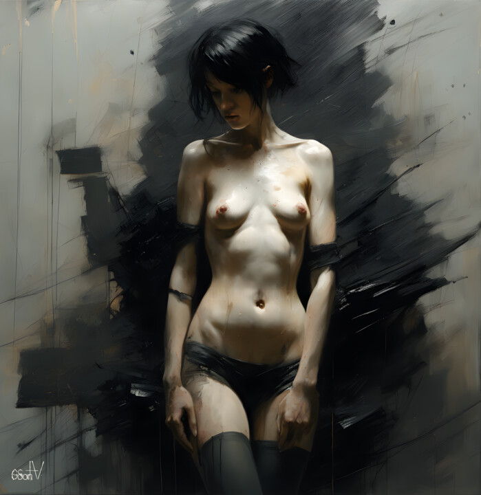 Arts numériques intitulée "The woman in black" par Go San, Œuvre d'art originale, Peinture numérique