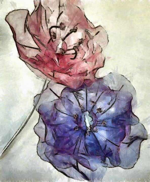 Arts numériques intitulée "PINK AND BLUE FLOWER" par Nelli Utalishvili, Œuvre d'art originale, Peinture numérique