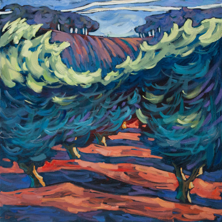 Malerei mit dem Titel "Olive grove" von Laima Goda, Original-Kunstwerk, Öl