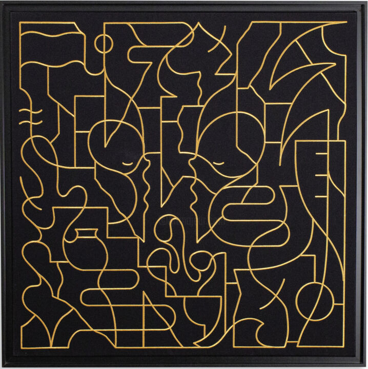 Art textile intitulée "Golden Duel" par Goddog, Œuvre d'art originale, Broderie Monté sur Châssis en bois