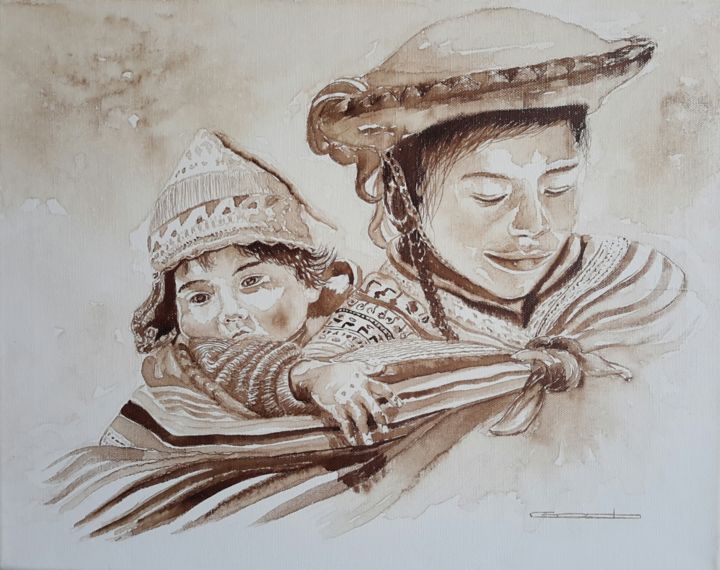 Картина под названием "Amor de madre" - Godofredo Torres, Подлинное произведение искусства, Пигменты