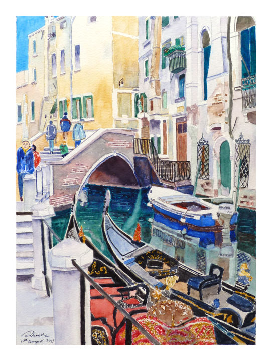 Painting titled "Venice canal & brid…" by Godwin Cassar, Original Artwork