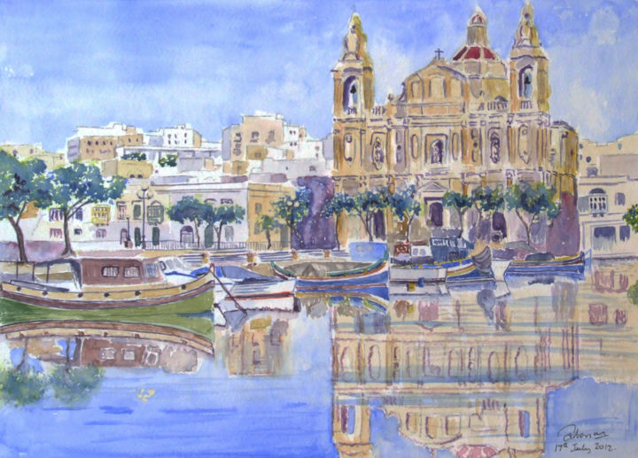 Painting titled "Msida creek Malta" by Godwin Cassar, Original Artwork