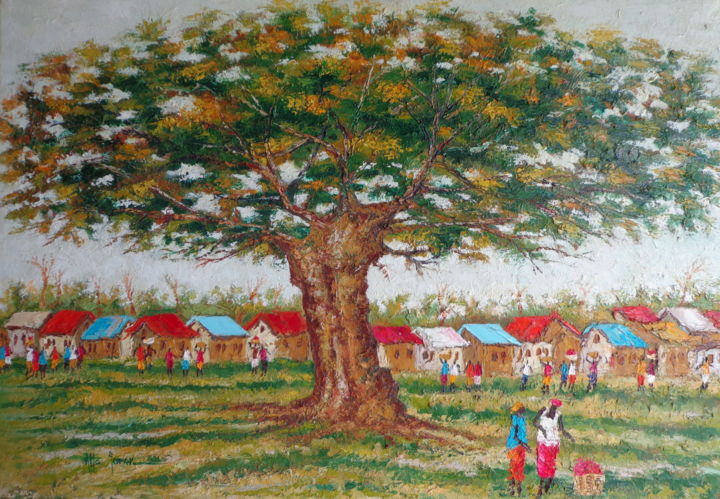 Картина под названием "Mankesim Village" - Godwin Atta Geoman, Подлинное произведение искусства, Масло