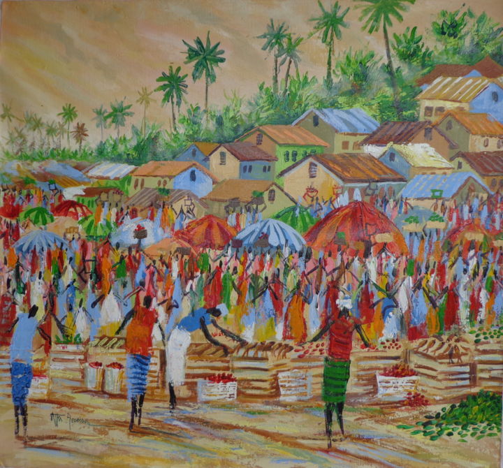 Картина под названием "Market Corner" - Godwin Atta Geoman, Подлинное произведение искусства, Акрил