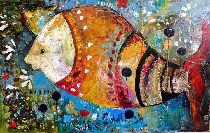 Painting titled "Golden fish.." by Elena Injia, Original Artwork, Oil