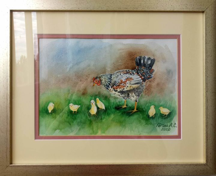 Painting titled "Funny Chicken" by Анастасия Гоголь, Original Art, Watercolor Mounted on Wood Panel