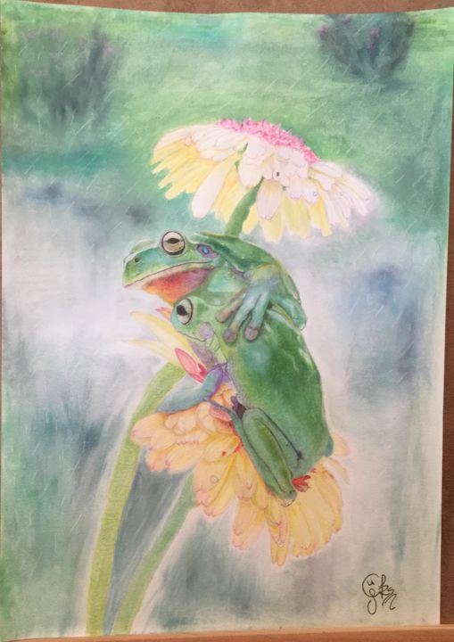 Desenho intitulada "Frogs in the rain" por Goksun Cilingir, Obras de arte originais, Carvão