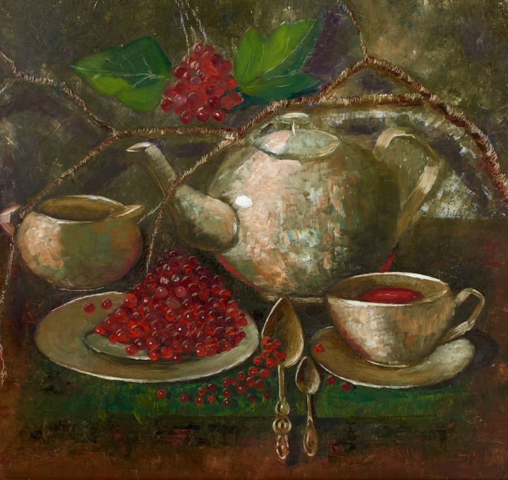Pittura intitolato "Ягодный чай" da Oksana Lapshina, Opera d'arte originale, Olio