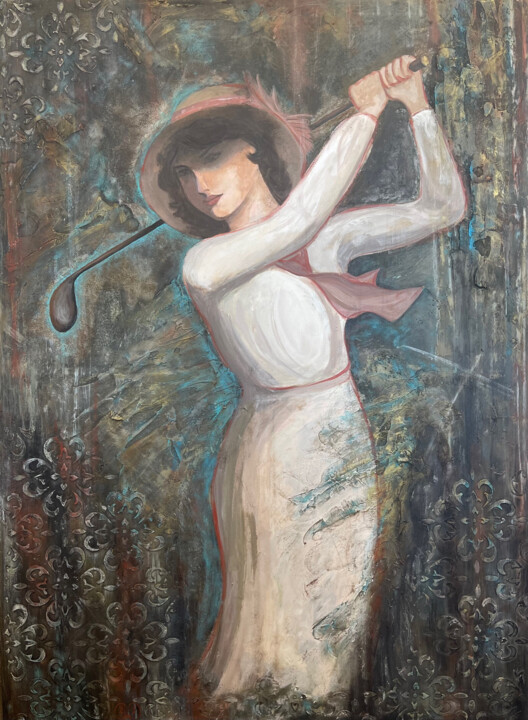 Painting titled "Lady Golf 1915" by Goldengalya, Original Artwork, Acrylic