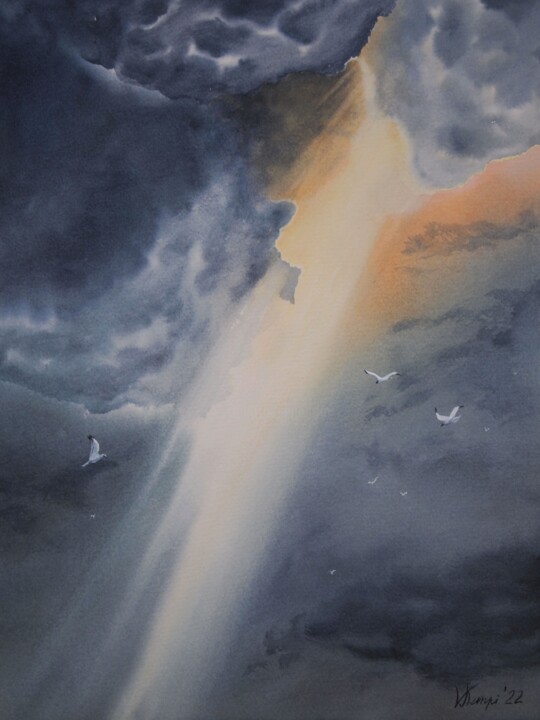 Schilderij getiteld ""A ray of light in…" door Valeriia Kempi, Origineel Kunstwerk, Aquarel