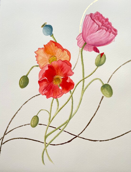Painting titled ""Poppies color"" by Valeriia Kempi, Original Artwork, Watercolor