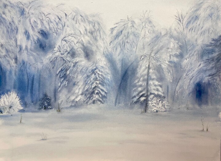 Painting titled ""Winter Forest"" by Valeriia Kempi, Original Artwork, Watercolor