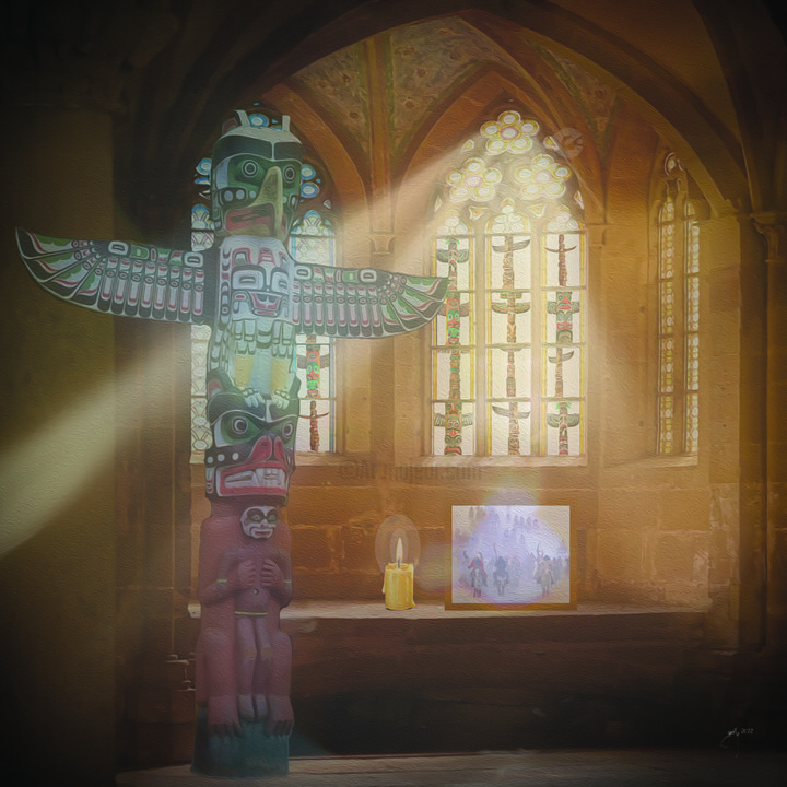 Digitale Kunst mit dem Titel "Totemkirche" von Golly Hertlein, Original-Kunstwerk, Fotomontage Auf Keilrahmen aus Holz monti…