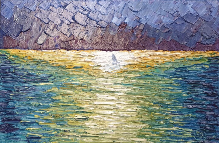 Pittura intitolato "A lonely sailboat b…" da Sergei Gontarovskii (Serhii Hontarovskyi), Opera d'arte originale, Olio Montato…