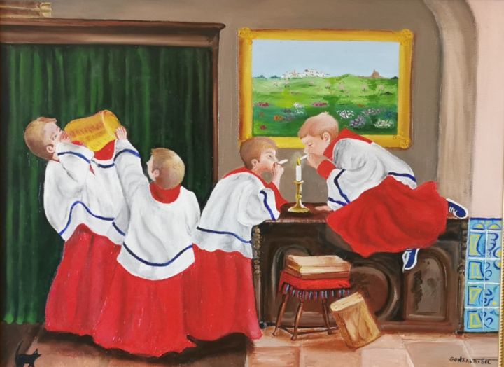 Pintura intitulada "Monaguillos travies…" por Gonzala Sol, Obras de arte originais, Óleo