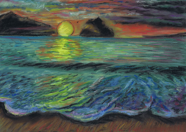 Disegno intitolato "Green waves at suns…" da Svetlana Gudilova, Opera d'arte originale, Pastello