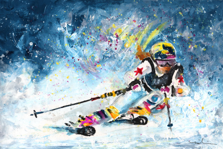 Painting titled "Skiing 03" by Miki De Goodaboom, Original Artwork, Gouache