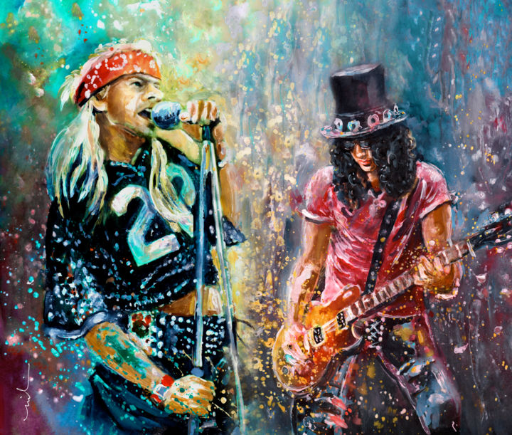 Painting titled "Axl Rose And Slash" by Miki De Goodaboom, Original Artwork, Gouache