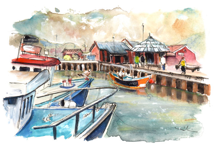 Malarstwo zatytułowany „Whitby Harbour 01” autorstwa Miki De Goodaboom, Oryginalna praca, Akwarela