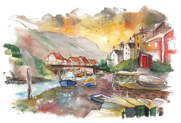 Painting titled "Staithes 03" by Miki De Goodaboom, Original Artwork, Watercolor