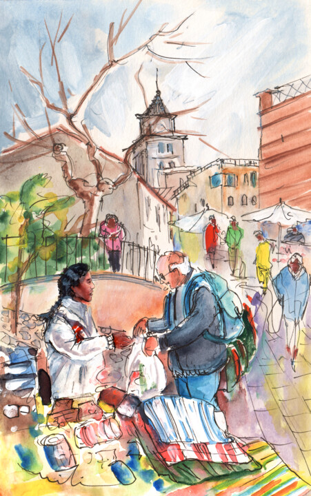 Painting titled "Sineu Market 03" by Miki De Goodaboom, Original Artwork, Watercolor