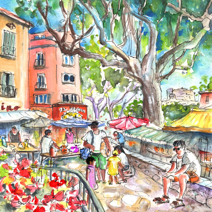 Painting titled "Collioure Market 02" by Miki De Goodaboom, Original Artwork, Watercolor
