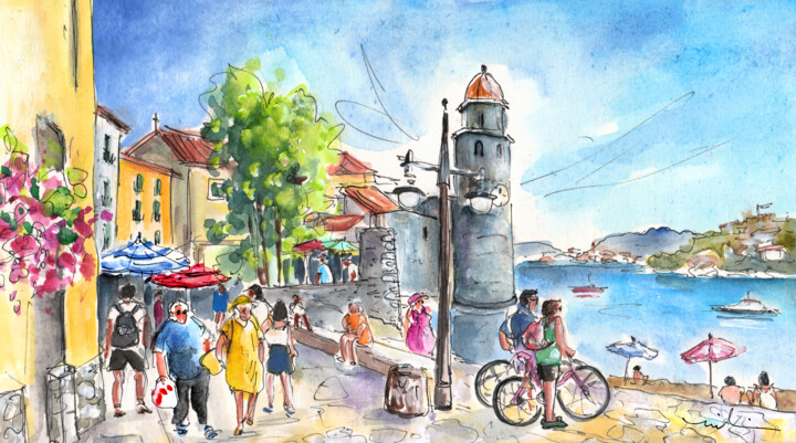 Painting titled "Collioure Town 01" by Miki De Goodaboom, Original Artwork, Watercolor