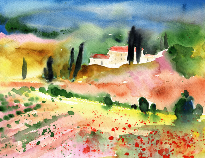 Painting titled "Tuscany Landscape 02" by Miki De Goodaboom, Original Artwork, Watercolor