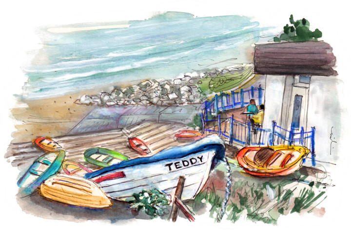 Painting titled "Teddy Boat In Runsw…" by Miki De Goodaboom, Original Artwork, Watercolor