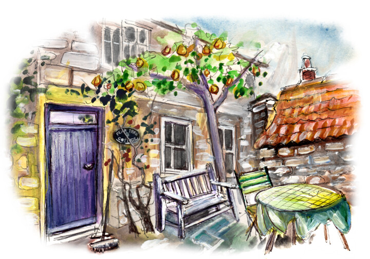 Painting titled "Pear Tree Cottage I…" by Miki De Goodaboom, Original Artwork, Watercolor