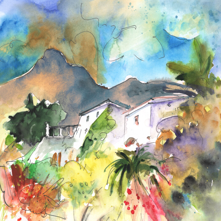 Painting titled "Tenerife Landscape…" by Miki De Goodaboom, Original Artwork, Watercolor