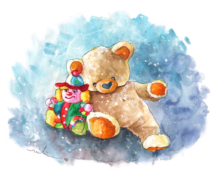 Painting titled "A Bear And A Clown…" by Miki De Goodaboom, Original Artwork, Watercolor