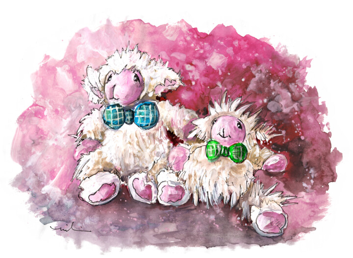 Painting titled "Two Sheep In A Chur…" by Miki De Goodaboom, Original Artwork, Watercolor