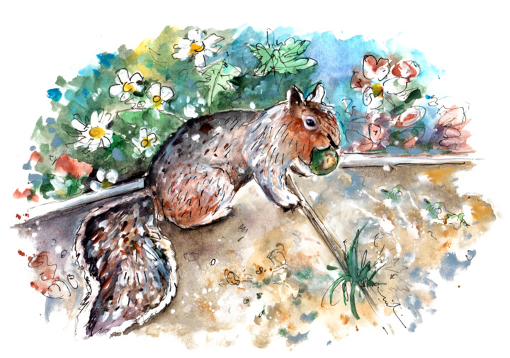 Painting titled "A Squirrel In York" by Miki De Goodaboom, Original Artwork, Watercolor
