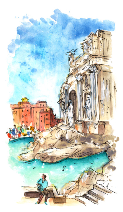 Painting titled "Trevi Fountain In R…" by Miki De Goodaboom, Original Artwork, Watercolor