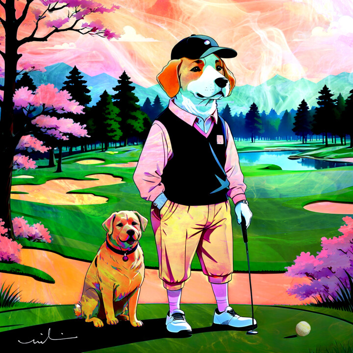 Digital Arts titled "Dogs Love Golf 03" by Miki De Goodaboom, Original Artwork, Digital Painting