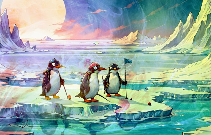 Digital Arts titled "Penguins Love Golf…" by Miki De Goodaboom, Original Artwork, Digital Painting