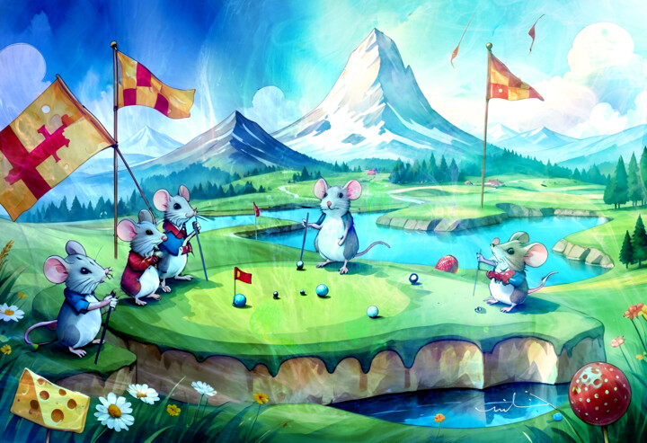 Digital Arts titled "Mice Love Golf 01" by Miki De Goodaboom, Original Artwork, Digital Painting