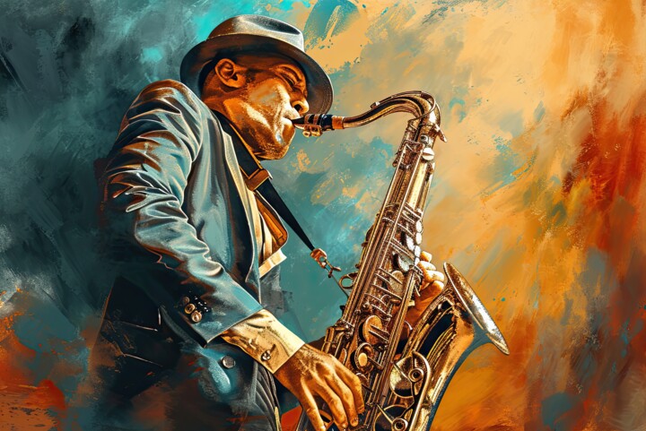 Digitale Kunst mit dem Titel "Saxophone Player 01" von Miki De Goodaboom, Original-Kunstwerk, Digitale Malerei