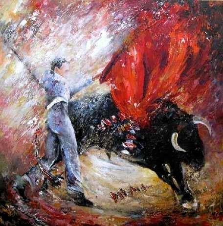 Painting titled "Bullfight 63" by Miki De Goodaboom, Original Artwork, Oil