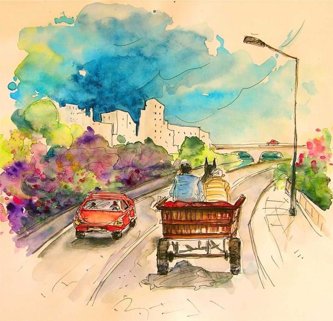 Painting titled "Vehicles in Portugal" by Miki De Goodaboom, Original Artwork, Oil