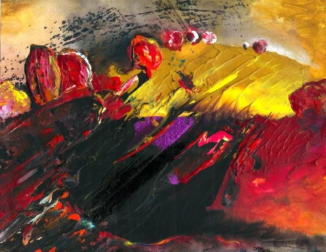 Painting titled "Golden hills" by Miki De Goodaboom, Original Artwork, Oil