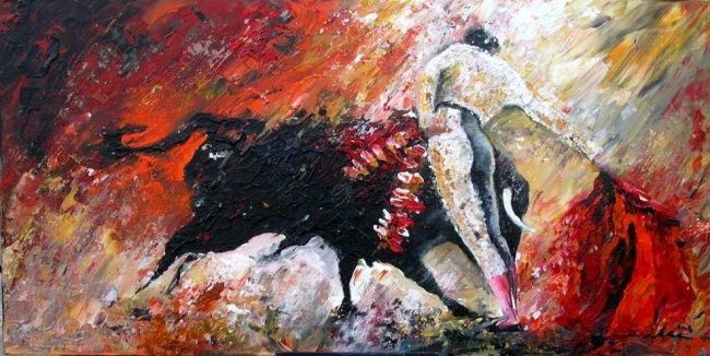 Pittura intitolato "Bullfight 66" da Miki De Goodaboom, Opera d'arte originale, Olio